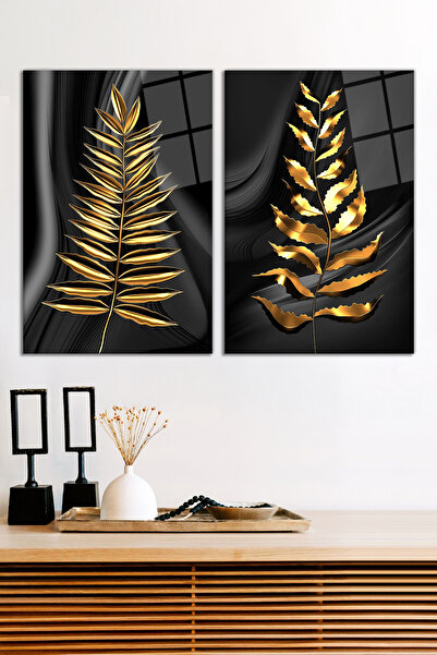 Vosevu Siyah Gold Mega Yapraklar 2'li Cam Tablo Seti, Modern Ev ve Ofis Dekor...