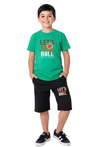 panios kids 3'lü California-Break-Let's Baskılı Erkek Çocuk Kısa Kollu Çift Cepli Kapri Alt-Üst Takım