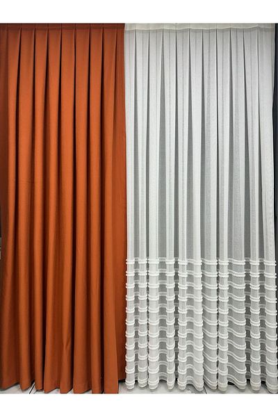 Taç Matsu Orange Cotton Background Curtain 1/3 Close Pleat