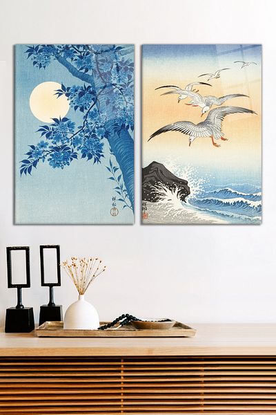 Vosevu Blue Themed Japanese Art Set of 2 Glass Paintings, Modern Home and Office Decor, Gift Wall Decoration