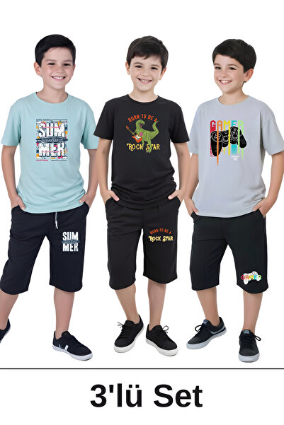 panios kids Set de 3 bucăți Summer-Rockstar-Gamer pentru băieți, cu mânecă sc...