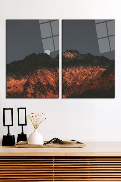 Vosevu Set de 2 picturi pe sticlă cu peisaj de munte la apus de soare, decor modern pentru biroul de acasă, decorare de perete cadou