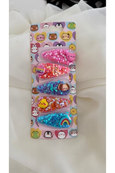 takı tutkum Kız Çocuk Çeşitli Hayvan Figürlü Renkli Simli Saç Tokaları 5 Adet