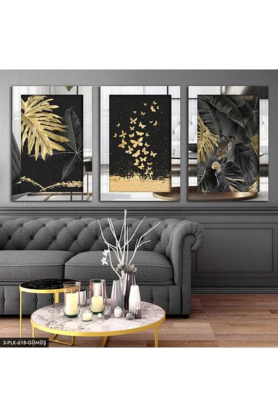 Evinemoda Butterflies Silver Frame 3 piese de pictură cu oglindă din plexiglas cu frunze de aur