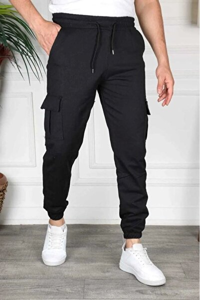 THE WHITE Ανδρικό μαύρο φούτερ παντελόνι με ελαστικό τελείωμα και τσέπες cargo