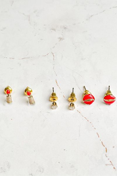 Modex Gold Color Minimal Lip Lipstick Detail Triple Earring Set
