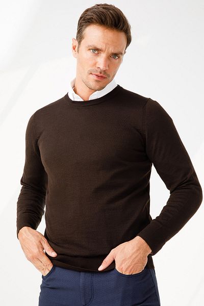 Desen Triko Ανδρικό πλεκτό πουλόβερ Basic Crew Neck Σκούρο Καφέ