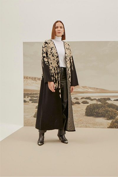 Uludağ Triko Cardigan de tricotaj de damă cu model de flori de piatră neagră