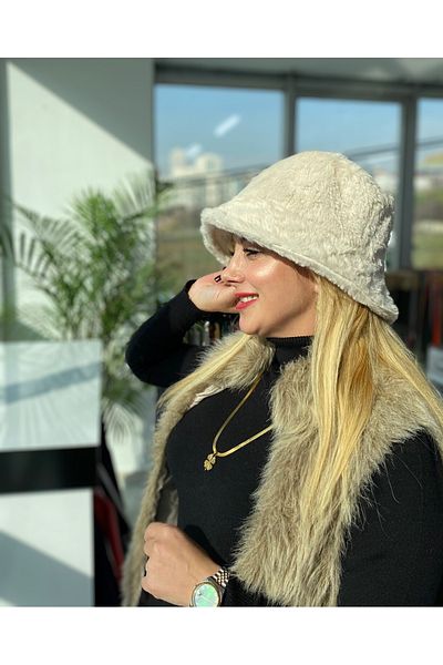Mood Lab Beige Plush Women's Bucket Hat Soft Textured