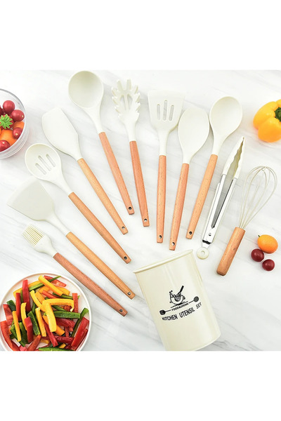 EZERE 11 Parça Silikon Uçlu Ahşap Saplı Mutfak Seti Ve Saklama Kutusu