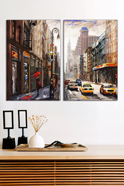 Vosevu Yağlı Boya New York Sokakları 2'li Cam Tablo Seti, Modern Ev Ofis Deko...