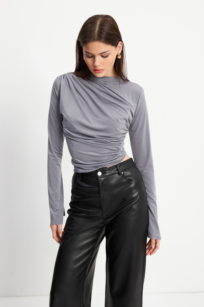 Bipantolon Women's Gray Drawstring Detailed Stand Collar Sandy Blouse