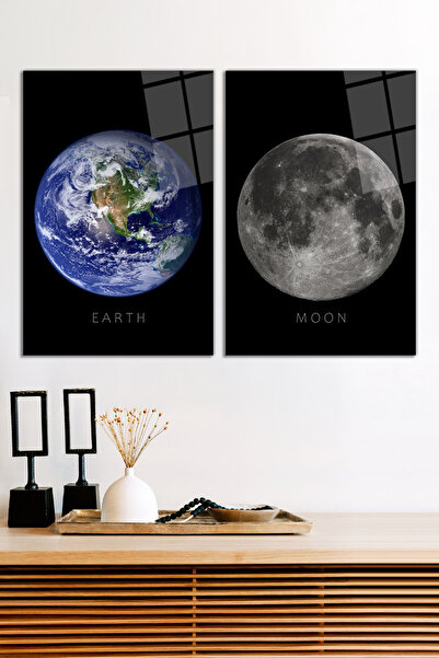 Earth and Moon Planets 2-Piece Glass Table Set, Modern Home and Office Decor, Gift Wall Decoration