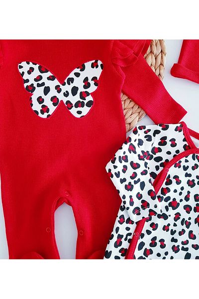 Jammybaby Leopard Butterfly Baby Girl 100% Cotton Seasonal 2 Jumpsuit Hat/Bandana 4-Piece Combination Set Newborn Set