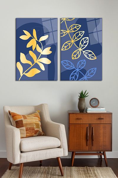 Vosevu Set de 2 picturi din sticlă cu frunze de aur cu tematică albastră, decorațiuni moderne pentru casă și birou, cadou pentru decorarea peretelui