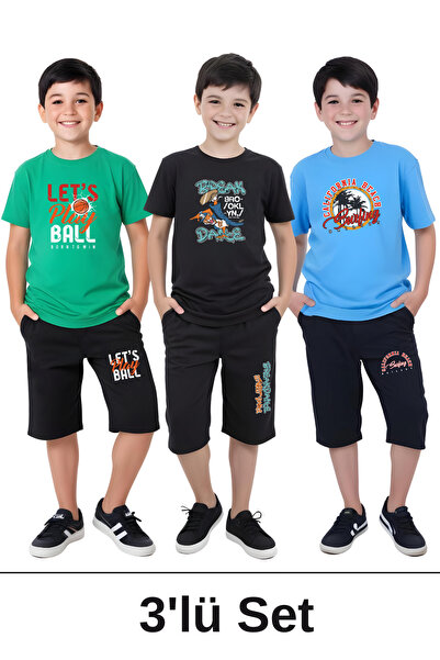 panios kids 3'lü California-Break-Let's Baskılı Erkek Çocuk Kısa Kollu Çift Cepli Kapri Alt-Üst Takım