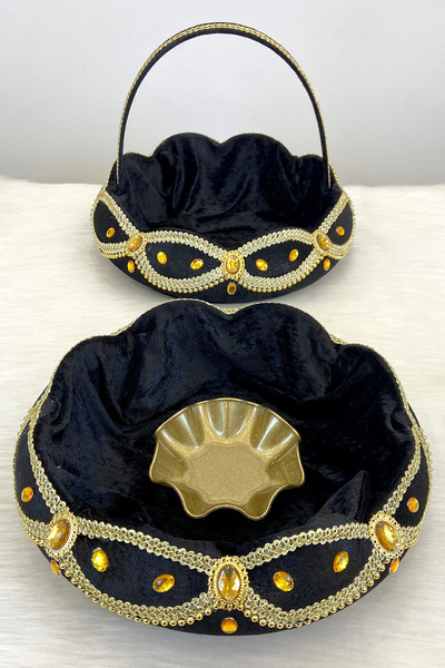 ZEYMERADE Siyah Kadife Parlak Taş Süslemeli Kına Gecesi Tepsi Sepet Gelin Tak...