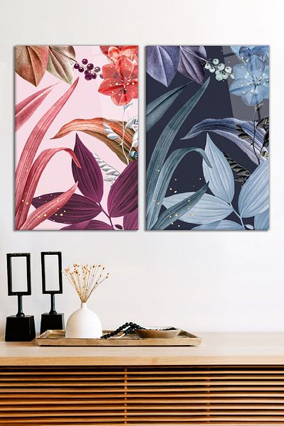 Vosevu Abstract Artistic Leaves Set of 2 Glass Paintings, Modern Home and Office Decor, Gift Wall Decoration