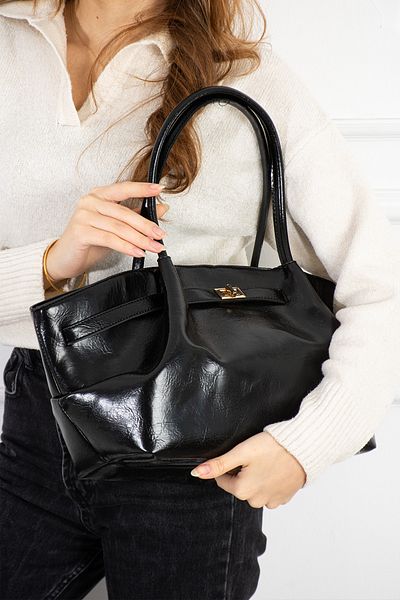 HONEY BAG Sahra Premium Μαύρη γυναικεία τσάντα χεριών και ώμου με ειδικά αξεσουάρ κλειδαριάς