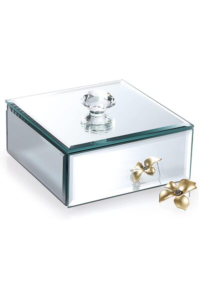 Home Zone صندوق مجوهرات مع سطح زجاجي عاكس ومقبض كريستالي لتخزين الحلي (صغير)