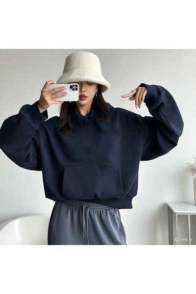 DEEPSENCE Unisex Navy Blue Basic Hooded Oversize Sweatshirt