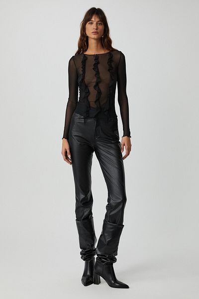 GRIMELANGE Alıyah Women's Tulle Fabric Ruffled Sheer Body Wrap Black Blouse