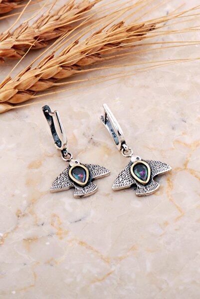 Sümer Telkari Mistik Topaz Taşlı Martı Çekiç Dövme Elişi Gümüş Küpe 7222