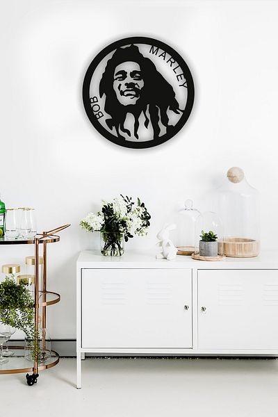 NT Handmade Black Wooden Bob Marley Wall Decor for Living Room Living Bedroom Wood Painting 40X40 cm