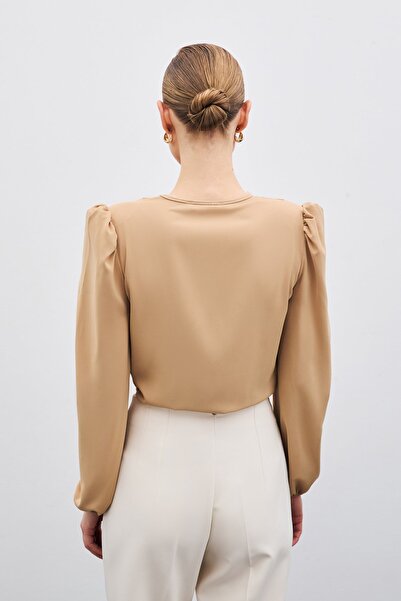 Sateen Kruvaze Vatkalı Bodysuit - Camel