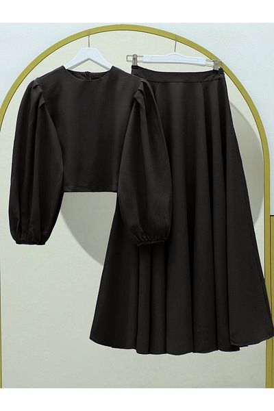 Modamorfo Balloon Sleeve Crepe blúz szoknya szett - fekete