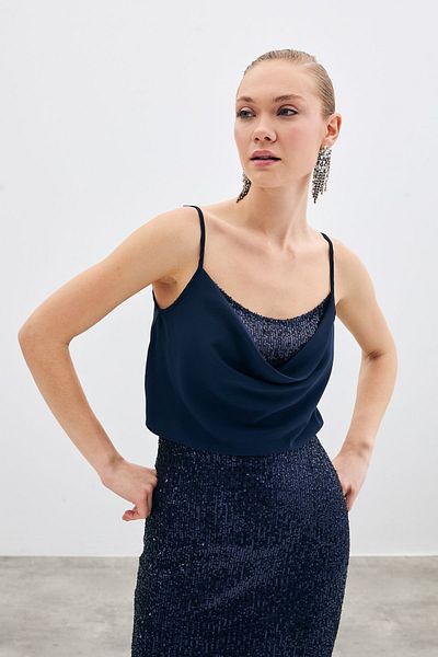 Sateen Navy Blue Lace Collar Blouse