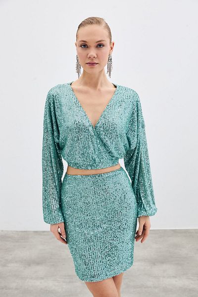 Sateen Sequined Double Breasted Blouse - Mint