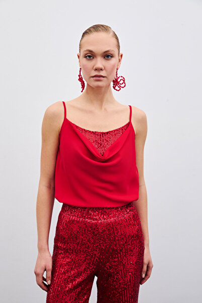 Sateen Degaje Collar Blouse - Red