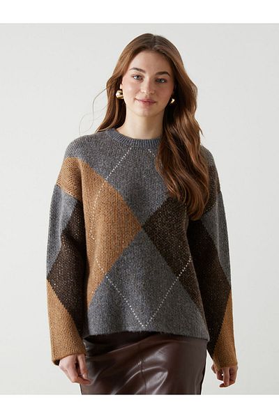 LC Waikiki Crew Neck Diamond Pattern Oversize Women's Knitwear Sweater - W4M097Z8