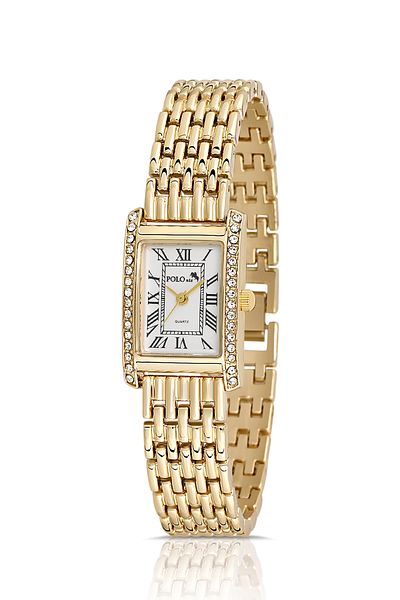 Polo Air Luxury Stone Detailed Vintage Women's Wristwatch - Roman Numeral, Gold Pl-1501B1X