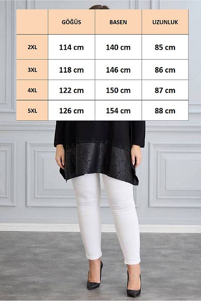 FOR ESRA BIG TREND Women's Plus Size Faux Leather Stone Detail Bottom Wide Slit Cut Stretchy Viscose Tunic