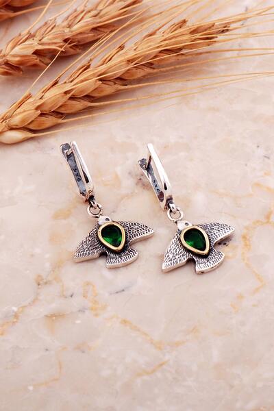 Sümer Telkari Kök Zümrüt Taşlı Martı Çekiç Dövme Elişi Gümüş Küpe 7216