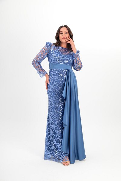 Aperla Rochie de seară lungă, cu mâneci lungi, brodate cu paiete, cu decolteu