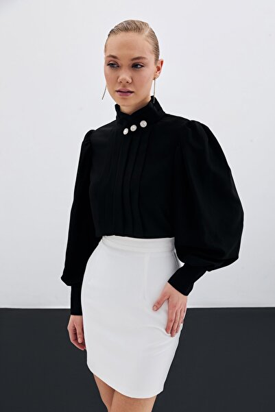 Sateen Nervür Detaylı Bluz - Siyah