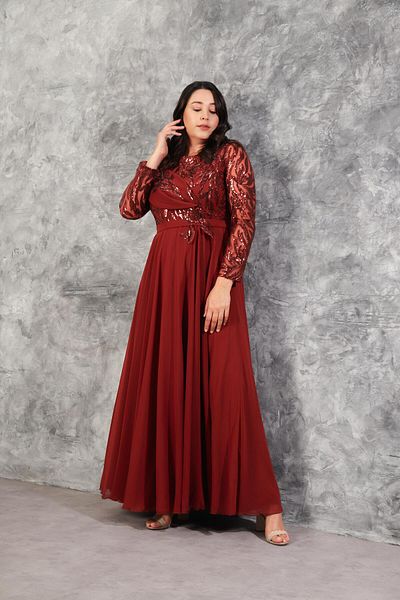 Aperla Sequin Embroidered Princess Skirt Motif Long Sleeve Plus Size Stylish Evening Dress