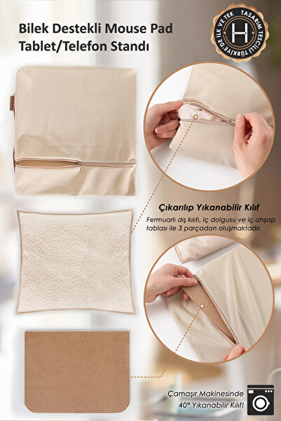 HAMUR Mousepad Wrist Support Pad/Cushion Tablet Phone Stand Washable Fabric Leather Detailed Beige