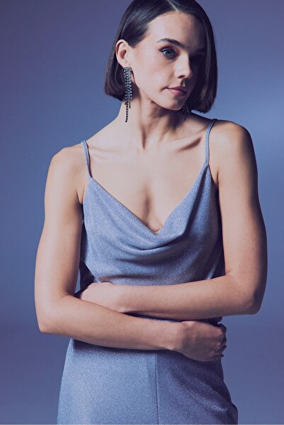 Sateen Simli Degaje Yaka Bluz - Gümüş