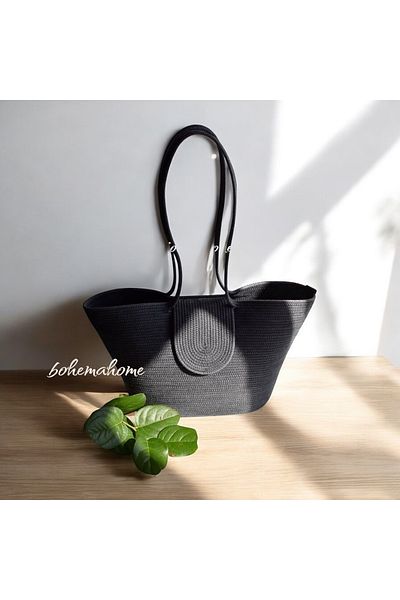 Bohemahomedecor Μαύρη βαμβακερή τσάντα ώμου/παραλίας/καθημερινής