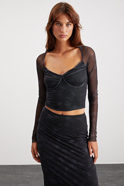 GRIMELANGE Dark Gray Slim Fit Patterned Tulle Blouse - Long Sleeve, Heart Collar