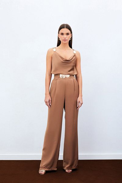 Sateen Pantaloni largi din satin creponat - Camel