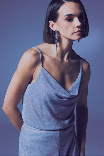 Sateen Simli Degaje Yaka Bluz - Gümüş