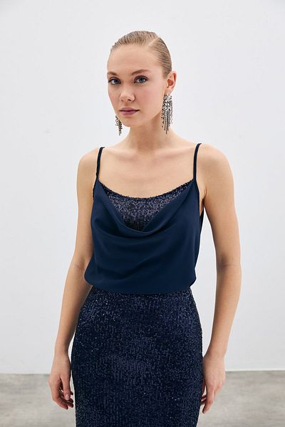 Sateen Navy Blue Lace Collar Blouse
