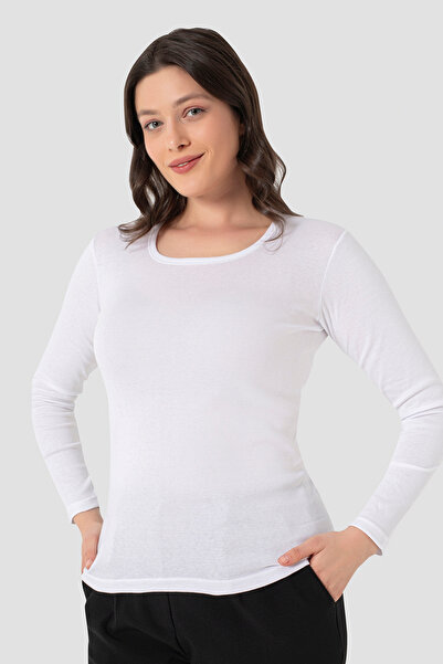 Arma Yıldız 2 Pcs Women's White T-Shirt Crew Neck Long Sleeve Undershirt Badi 100% Cotton Rib