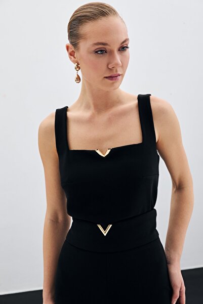 Sateen Μαύρη Μπλούζα - Γιακάς με Λεπτομέρεια Χρυσού Αξεσουάρ