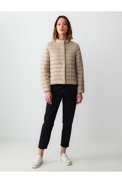Jimmy Key Beige Zippered Quilted Puffer Jacket with Snap Detail